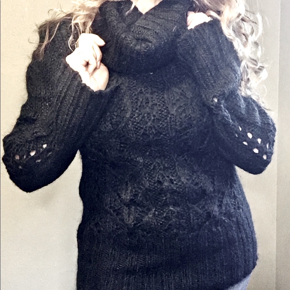 bebe Black Cable Knit Cowl Neck Sweater with Bell Sleeves